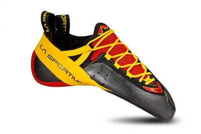 Schnür-Kletterschuh "Genius" von La Sportiva in Schwarz; Rot und Gelb mit rutschfester Sohle.