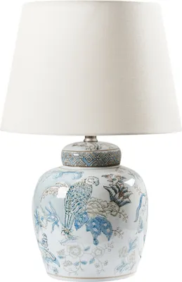 Zdjęcie produktu dla BELIANI Lampka stołowa biało-niebieska podstawa z porcelany lniany klosz z wzorem