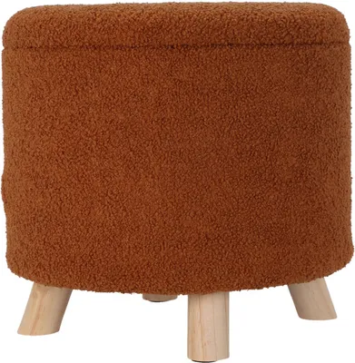 A round, upholstered ottoman with wooden legs against a white background.