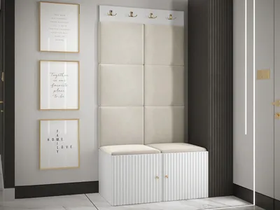 Produktbild von MIRJAN24 Garderoben-Set Orion Ryfel Slim IV, Schuhschrank, Kleiderhakenbrett, 8x Paneel 42x42, Metallgriffe, 4 Kleiderhaken (Farbe: Weiß, Manila 02)