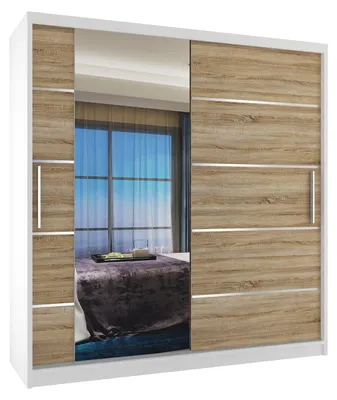 Image de BELINI Verona, armoire coulissante de 158 cm, blanc/chêne Sonoma mat - Armoire avec miroir et 2 tiroirs, idéale pour la chambre