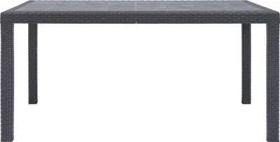 A dark brown rattan-look outdoor dining table with a gray tabletop, shown from the front on a white background.