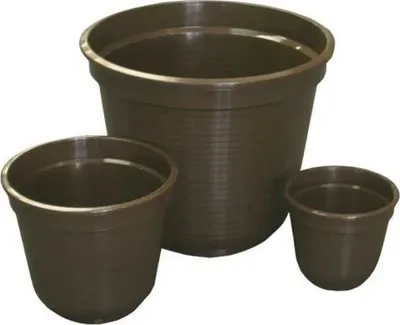 Three brown plastic plant pots of varying sizes are arranged on a white background.