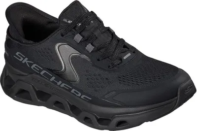A black Skechers sneaker is shown from a side angle against a white background.