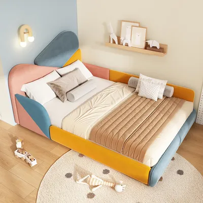 Immagine prodotto di Letto per bambini multifunzione 140x200 con sponde laterali, letto imbottito con testiera imbottita, letto singolo, senza materasso