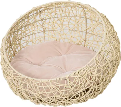 Produktbild von PawHut Katzenbett aus Rattan mit Kissen Katzenhöhle Hundehütte Beige Ø56 x 35 cm