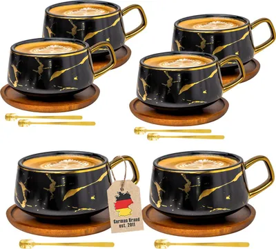 Immagine prodotto di Intirilife 6x tazza in Vetroceramica con design in marmo nero - circa 200 ml - tazza da caffè, tazza da tè con sottobicchiere in legno, tazza per bere caffè, tè, latte, cacao e molto altro ancora