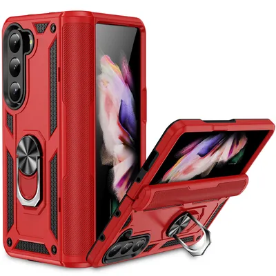 Obrázek produktu pro Pouzdro pro Samsung Galaxy Z Fold 5 dvouvrstvé robustní, vojenská ochrana pouzdro s držákem prstenu a stojánkem červené