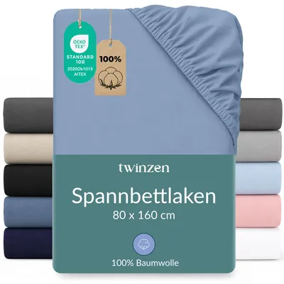Productafbeelding van Twinzen spannenlakens, katoenen jersey, 80x160 cm, lichtblauw, hoekhoogte 15 cm