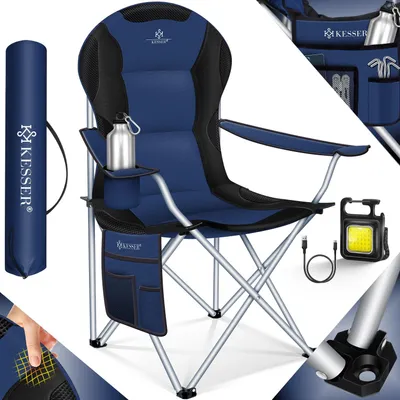 Produktbild von KESSER® Campingstuhl faltbar bis 150 kg Angelstuhl Faltstuhl Klappstuhl Gepolstert mit Armlehnen, Campinglicht und Getränkehalter + Tasche mit hoher Rückenlehne, Strandstuhl, Klapphocker