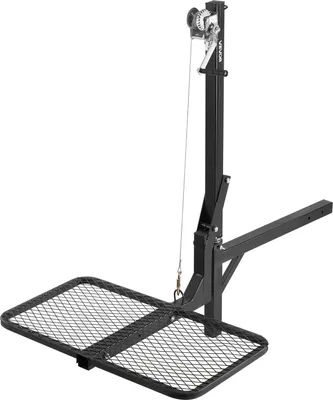 A black game hoist with a hitch receiver and a lifting platform is shown against a white background.