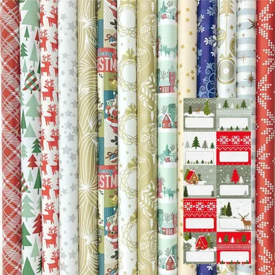 Produktbild von s Geschenkpapier für Weihnachten von Präsenta – 200 x 70 cm – 7 Rollen, inklusive Namensetiketten