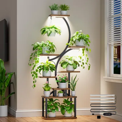 Productafbeelding van Plantenstandaard met plantlamp – Bloemenstandaard met 8 niveaus, 157 cm hoog, van metaal en hout – Bloemenrek voor binnen en buiten – Decoratief zwart bloemenrek voor kamerplanten en balkon