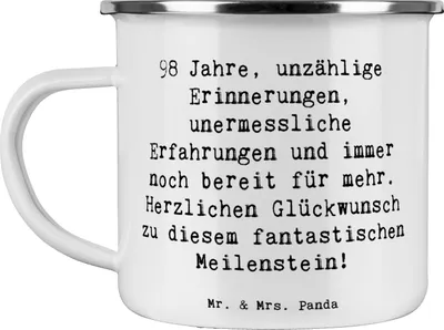 Produktbild von Mr. & Mrs. Panda Pott Spruch 98. Geburtstag - Weiß - Geschenk, Geburtstagsgeschenk, Feier, feiern, Haferl, Alter, Teetasse, reisetasse, Herzlichen Glückwunsch, 98 Jahre