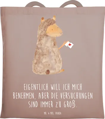Produktbild von Mr. & Mrs. Panda Shopping Tasche Alpaka Fahne - Braun Pastell - Geschenk, Lama, Alpakas, Liebe, Schultasche, Tote Bag, canvas, Jutebeutel, Lamas