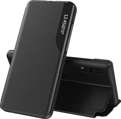 A black flip case for a smartphone is shown standing upright, with the phone partially visible inside.