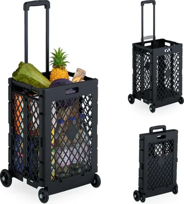 Produktbild von Relaxdays Einkaufstrolley klappbar, Einkaufskorb mit Rollen, bis 25 kg, Teleskopgriff, Gitter, hohe Rollkiste, schwarz