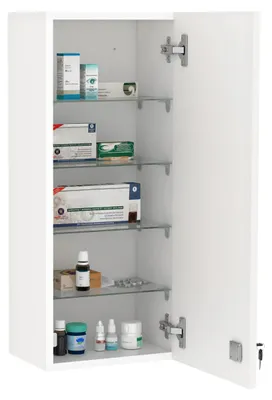 Obrázek produktu pro Lékárnička, 5 polic, uzamykatelné skleněné dvířka, BÍLÁ, střední