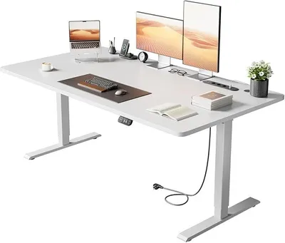 Produktbild von Höhenverstellbarer Schreibtisch 160×80cm mit USB-Ladeanschluss und Steckdose, Elektrischer Schreibtisch, Verstellbarer Computertisch mit 2-Funktions-Memory, Weiß