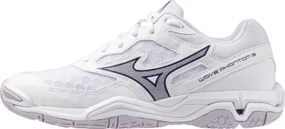 A side view of a white athletic shoe with purple and light blue accents.
