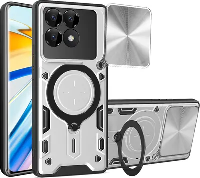 Produktbild von Handyhülle für Xiaomi Poco F6 Pro/Redmi K70 /K70 Pro Dual-Layer Stoßfest Rüstung Hülle mit Dia Kameraschutz und Kreisförmig Ring Ständer Silber