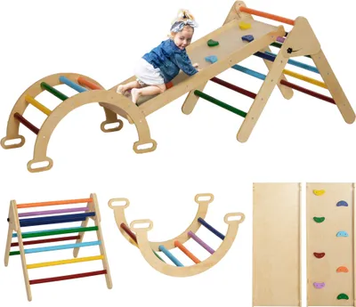 A collage of wooden children's climbing toys, including a large climbing structure with a slide and a small child on it, and smaller individual climbing and rocking toys.