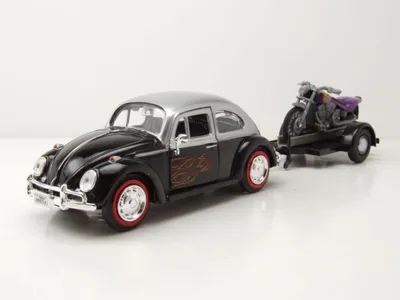 Produktbild von VW Käfer schwarz silber mit Anhänger und Motorbike Modellauto 1:24 Motormax