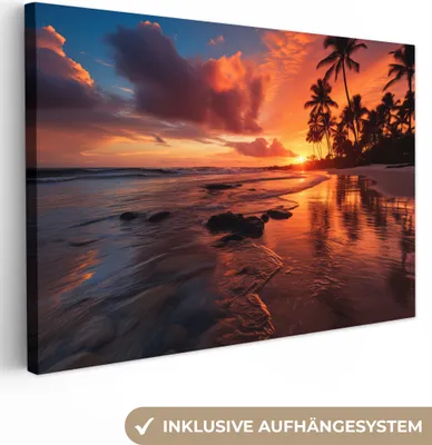 Produktbild von MuchoWow® - Leinwandbilder - Sonnenuntergang - Palmen - Strand - Meer - Horizont, Wandbild, Wanddeko Bilder Wohnzimmer, 60x40 cm