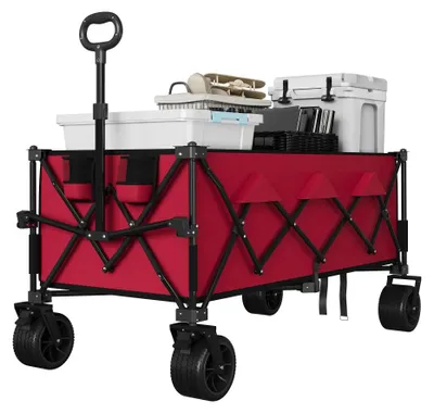 Produktbild von Gartenwagen/Bollerwagen - Faltbarer Strand- und Transportwagen - 132 cm - 350 l - 208 kg Traglast - Geländereifen & Bremsen - Extra robust - Rot