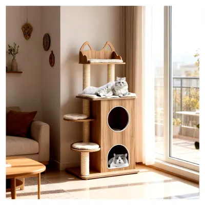 Produktbild von 122 cm hoher Kratzbaum aus Holz mit 2 Katzenhöhlen und Plattform, Katzenmöbel mit Kissen und Sisal-Kratzpfosten, Aktivitätsbaum für Katzen