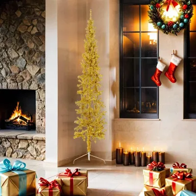 Image de vidaXL Semi-sapin de Noël artificiel avec support Svelte or 180 cm