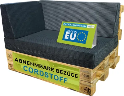 Produktbild von Pillows24 - Palettenkissen 3-teiliges Set aus Cordstoff | Sitzkissen & Rückenkissen für Europaletten 120x80 | für Wohnzimmer, Garten | Graphit