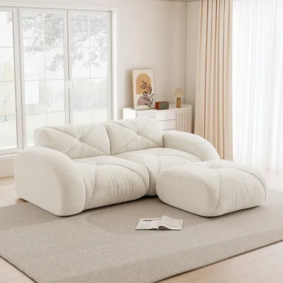 Produktbild von Chenille-Zweisitzer-Sofa mit Hocker, modular, 32D-Schaumstoff, haustierfreundlich, 204 x 171 x 76 cm, Hellbeige
