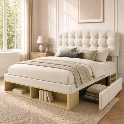 Image de Lit rembourré Flieks 140 x 200 cm avec tiroirs, lit double avec rangements, lit pour adolescent ou enfant avec tête de lit réglable, velours, beige