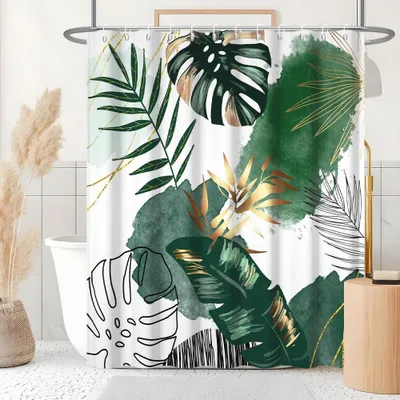 Produktbild von Grüner Duschvorhang, 240 x 180 cm, abstraktes Design mit tropischen Dschungelpalmenblättern und Monstera, schimmelresistenter Stoff, waschbar, wasserdicht, inklusive 12 Haken für das Badezimmer