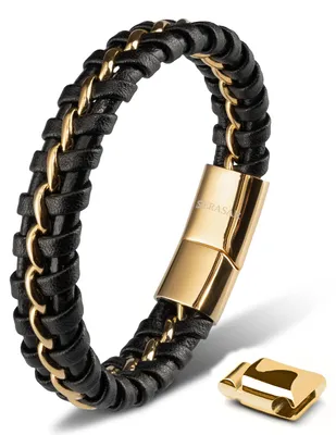 Produktbild von SERASAR Herren Armband 17cm Gold Leder Edelstahl Wickelarmband Bracelet