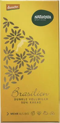 A close-up of a chocolate bar wrapper with decorative floral patterns and text.