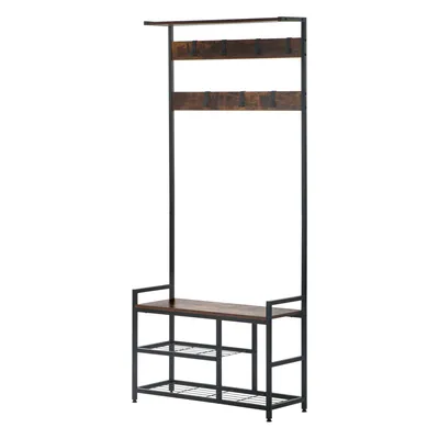 Produktbild von KAHOO Kleiderständer offene Garderobe, 4 Ablagen + 7 Haken, 80 x 29.5 x 180 cm, Sitzbank, Eingangsmöbel für Flur, Wohnzimmer, Schlafzimmer