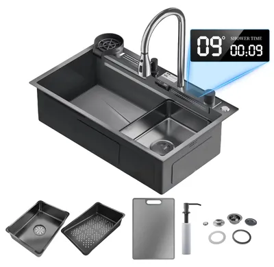 Produktbild von Wasserfall-Küchenspüle - Typ 2 - Edelstahl 75 x 45 cm - Einzelbecken - Armatur mit Digitalanzeige - Seifenspender - Becherspüler - Schwarz