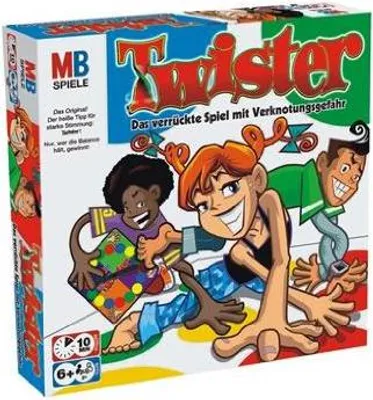 The image shows the front of a Twister board game box, featuring cartoon characters playing the game.