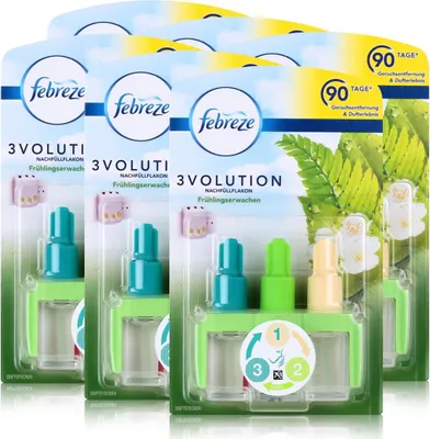 Produktbild von Procter & Gamble Febreze 3Volution Duftstecker Nachfüller Frühlingserwachen, geruchsentfernend, 6 x 20ml, bis zu 90 Tage