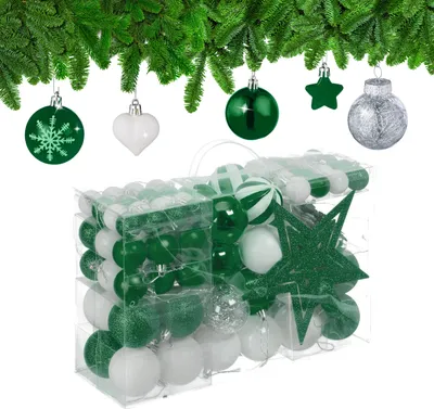 Produktbild von Relaxdays Weihnachtskugeln 101er Set, Kunststoff, Weihnachtsbaumdeko Kugeln & Spitze, Christbaumschmuck, dunkelgrün/weiß