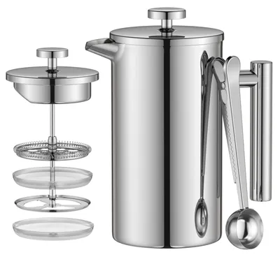 French Press 1000 ml, doppelwandig isoliert, Edelstahl, 8 Tassen