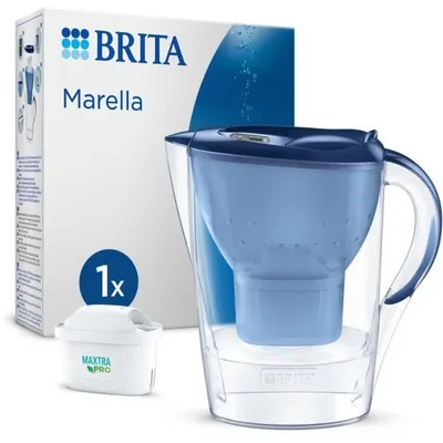Produktbild von BRITA Wasserfilterkanne – Marella Blau – 2,4 l Fassungsvermögen (davon 1,4 l gefiltertes Wasser) – 1 Maxtra Pro All-in-1 Filterkartusche enthalten
