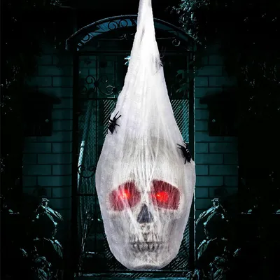 Produktbild von Halloween 33 cm animierte h?ngende Totenk?pfe Kopf bedeckt mit Spinnennetzen und leuchtenden Augen, Halloween h?ngende Party Nachbildungationen