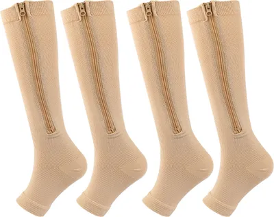 Produktbild von 2 Paar Kompressionsstrümpfe für Damen und Herren, seitlicher Reißverschluss, 15–20 mmHg, offene Zehenpartie, kniehohe Stützstrümpfe, Socken gegen Krampfadern, L, Haut