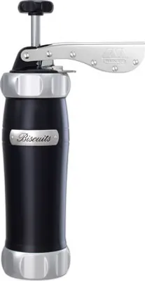 A black and silver biscuit press on a white background.