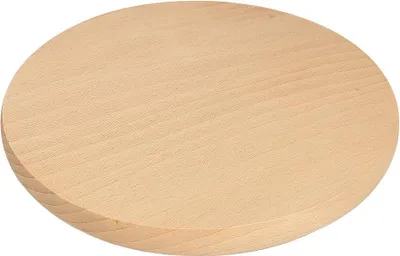 A round wooden cutting board is shown from a slightly elevated angle against a white background.