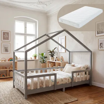 Obrázek produktu pro Dětská postel 'Treviolo' s matrací a ochranou proti pádu 90x200cm Světle šedá / bílá
