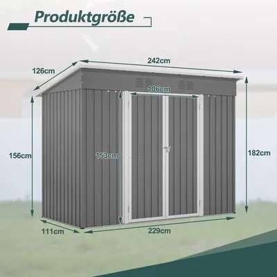 Produktbild von 8x4 FT Metall Gerätehaus Gartenhaus Inkl. Metallfundament (ohne Boden), wetterfest Gartenschuppen für Outdoor Garten Terrasse, Grau
